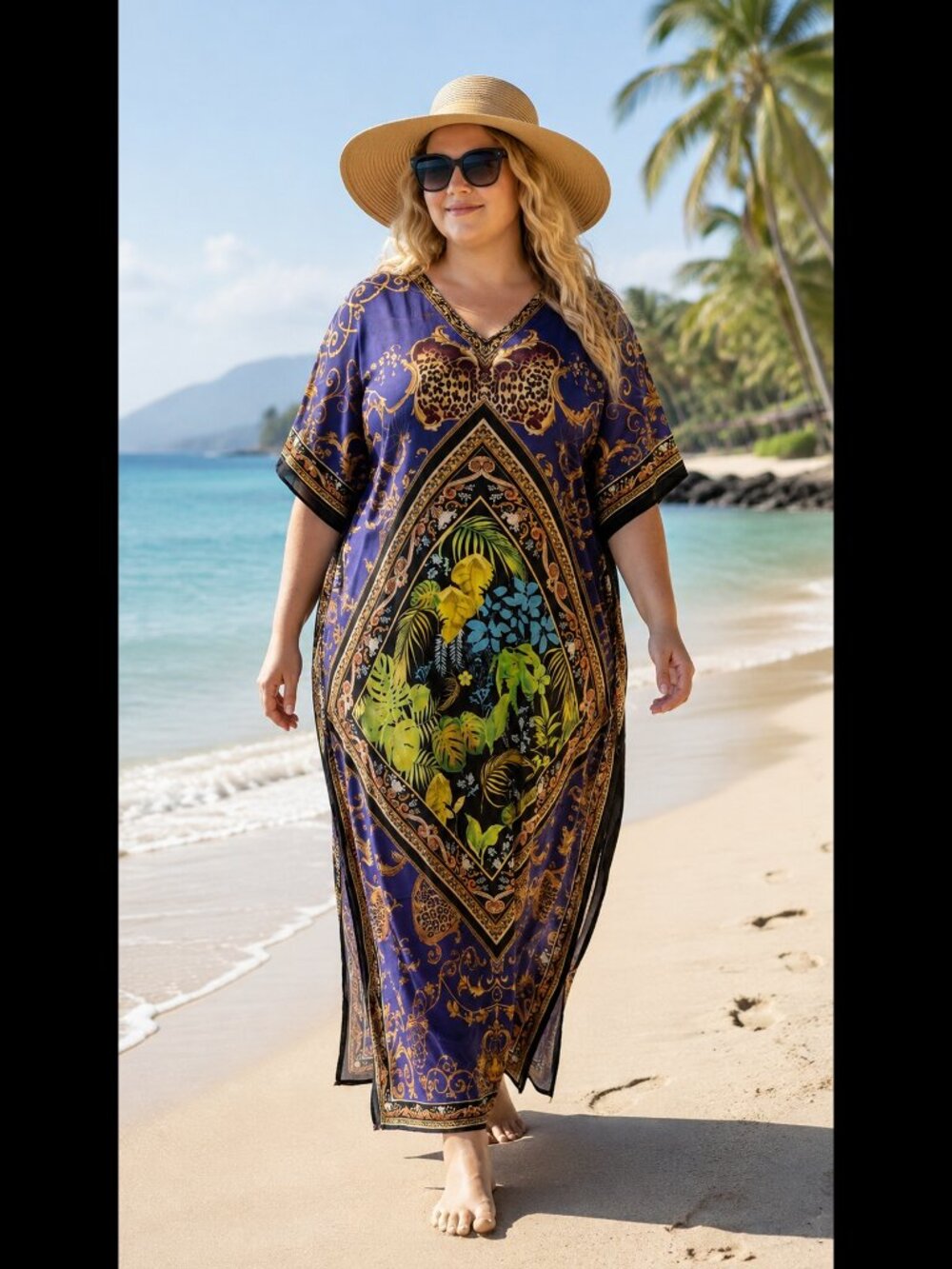 Royal Purple Animal Tropical Print Satin Silk Kaftan | Plus Size